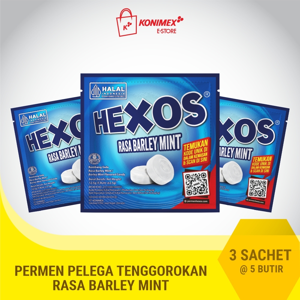 Hexos Barley Mint 3 sachet Permen Pelega Tenggorokan