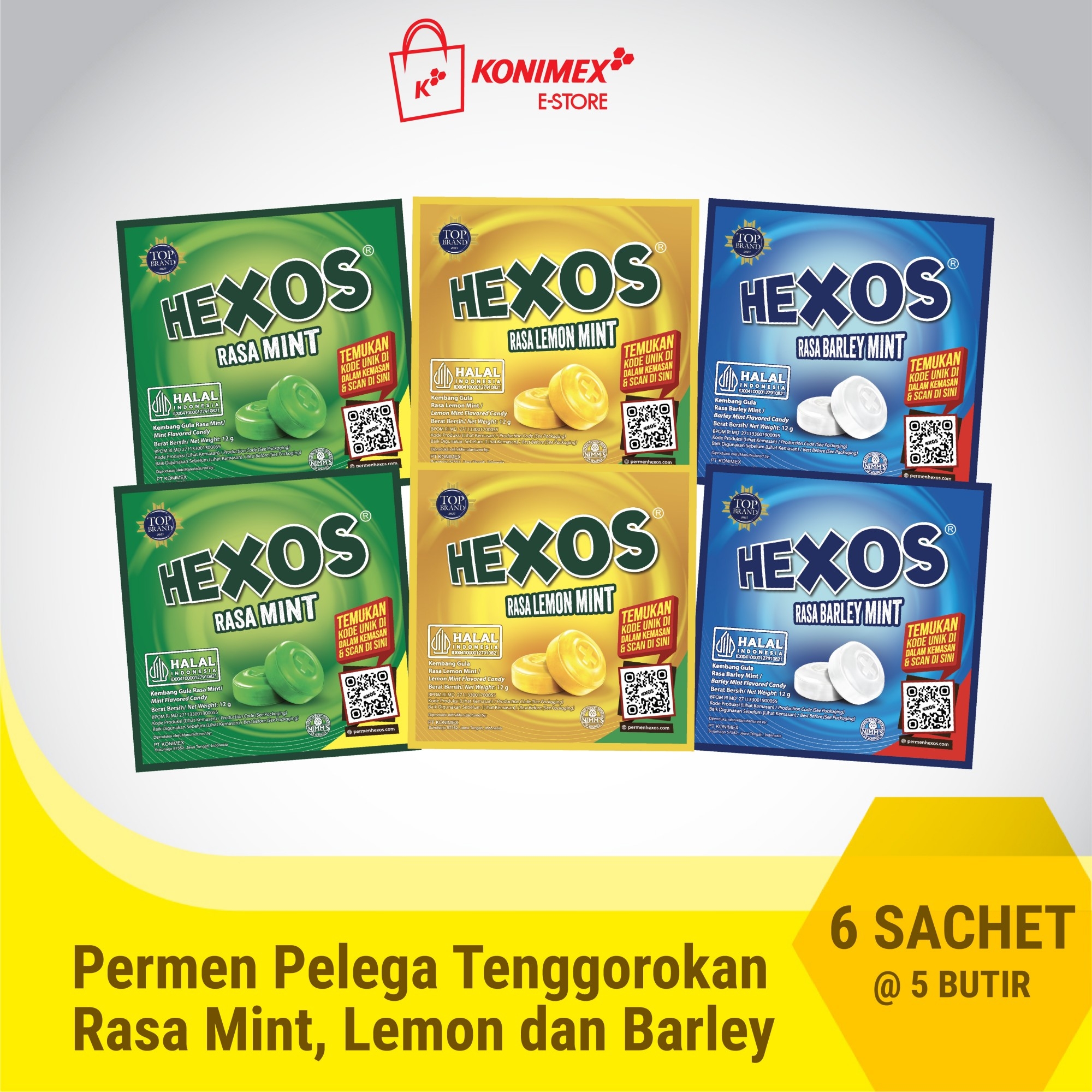 Hexos Bundling 3 Varian (Mint, Lemon, Barley) 6 Sachet
