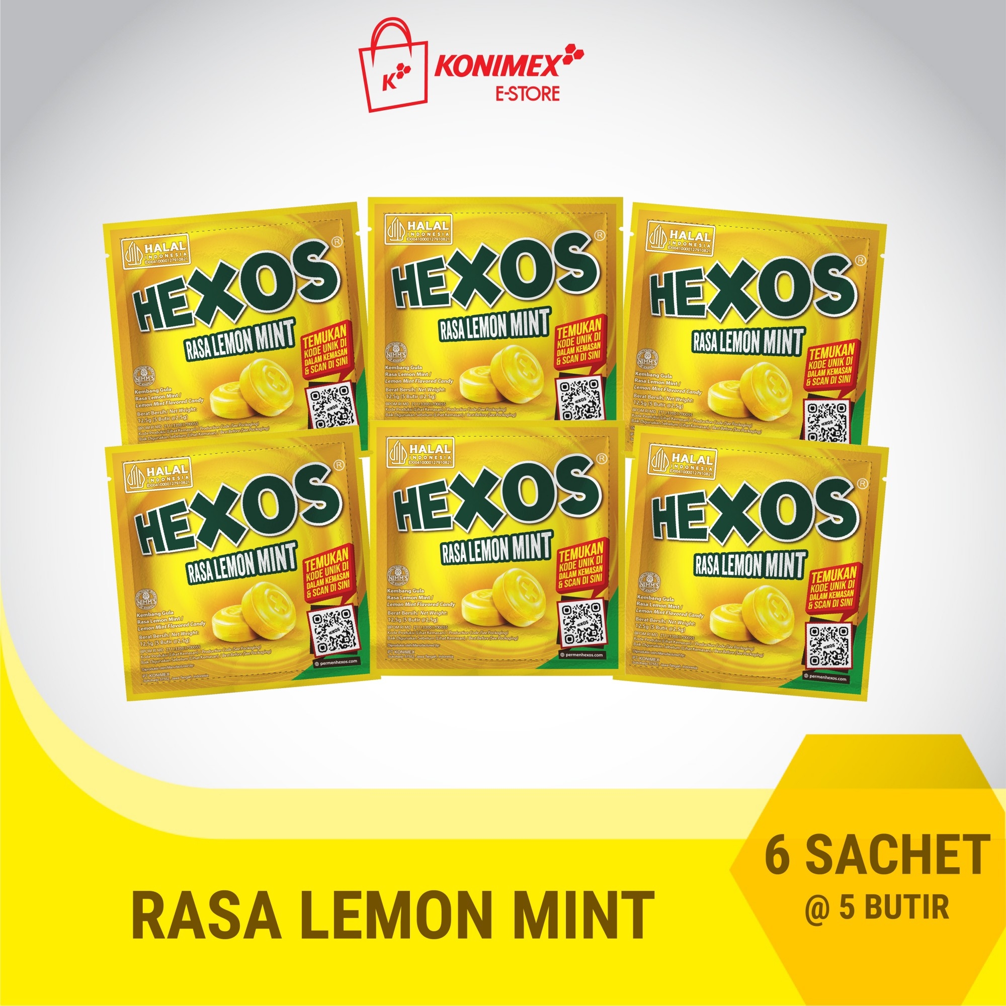 Hexos Lemon Mint 6 sachet Permen Pelega Tenggorokan